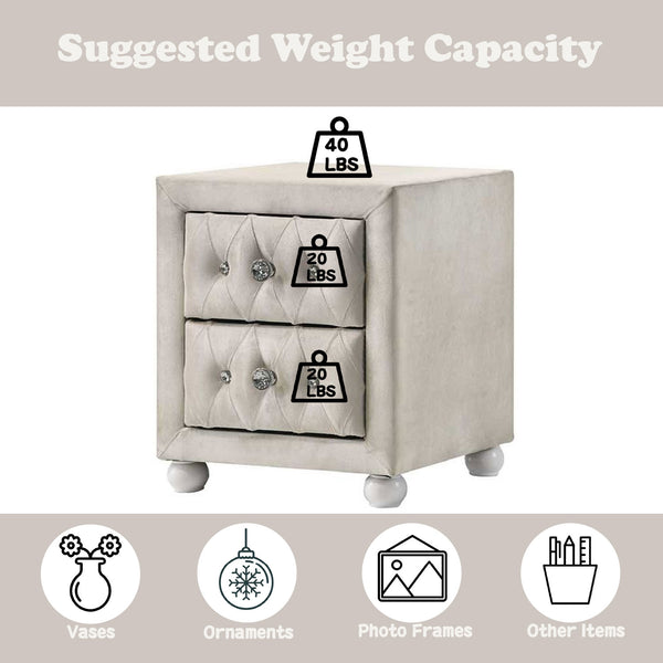 Chloe Beige Fabric Full Upholstered Kids Nightstand Small storage cabinet with weight capacity indicators on a beige background