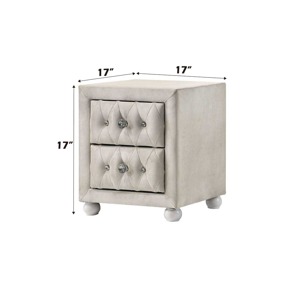 Chloe Beige Fabric Full Upholstered Kids Nightstand Beige nightstand with tufted design next to a bed in a bedroom setting