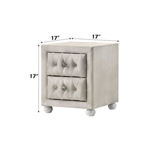 Chloe Beige Fabric Full Upholstered Kids Nightstand Beige nightstand with dimensions labeled on a white background
