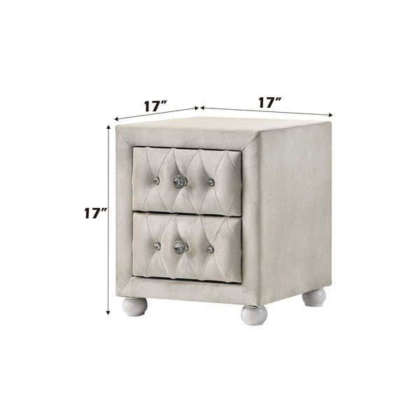 Chloe Beige Fabric Full Upholstered Kids Nightstand Beige nightstand with dimensions labeled on a white background