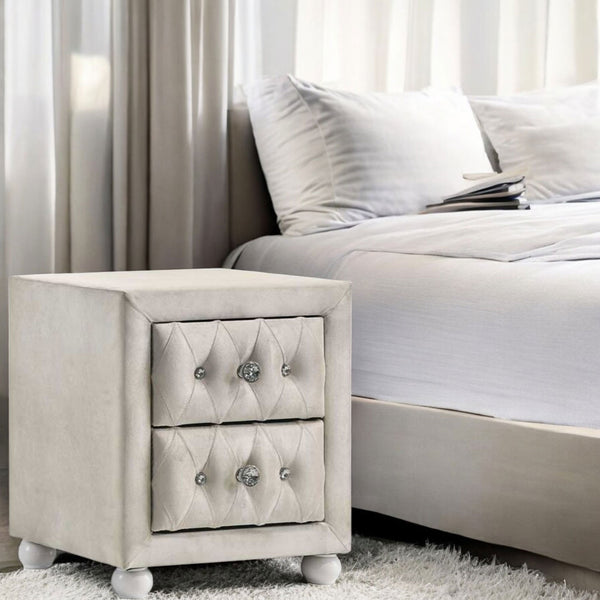 Chloe Beige Fabric Full Upholstered Kids Nightstand Beige nightstand with tufted design next to a bed in a bedroom setting