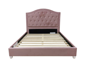 Chloe Pink Fabric Full Upholstered Kids Bed A dusty pink upholstered bed frame with a tall, tufted headboard and light wood slats, shown against a plain white background.