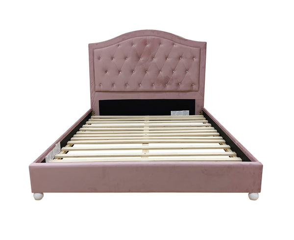 Chloe Pink Fabric Full Upholstered Kids Bed A dusty pink upholstered bed frame with a tall, tufted headboard and light wood slats, shown against a plain white background.