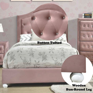 Chloe Pink Fabric Full Upholstered Kids Bed Pink button tufted bed with floral bedding in a bedroom setting