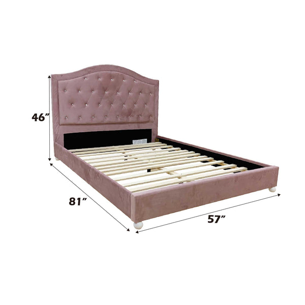 Chloe Pink Fabric Full Upholstered Kids Bed A pink upholstered bed frame with a tufted headboard, shown on a white background with dimension labels indicating 46 inches in height, 81 inches in width, and 57 inches in depth.