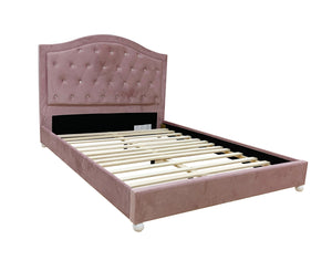 Chloe Pink Fabric Full Upholstered Kids Bed A platform bed frame upholstered in dusty pink velvet, featuring a tall, button-tufted headboard and light-colored wooden slats, shown against a plain white background.