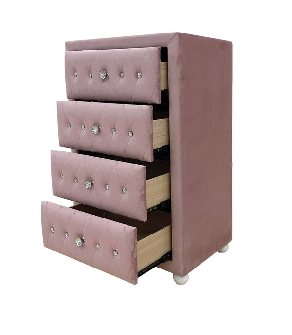 Chloe Pink Fabric Full Upholstered Kids Chest Pink tufted dresser with crystal embellishments on a white background