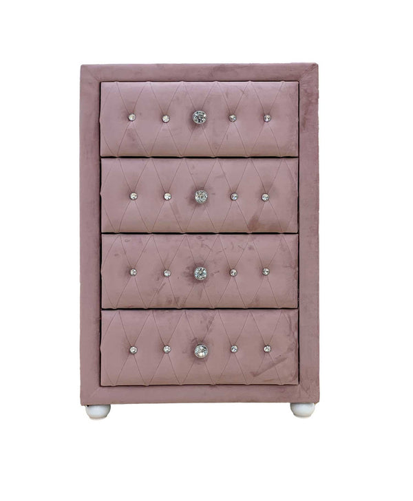 Chloe Pink Fabric Full Upholstered Kids Chest A dusty pink velvet four-drawer chest with diamond tufting and silver crystal-like button accents, shown against a plain white background.