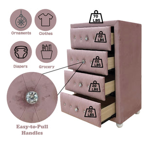 Chloe Pink Fabric Full Upholstered Kids Chest Pink dresser with weight labels and icons indicating its capacity for various items.