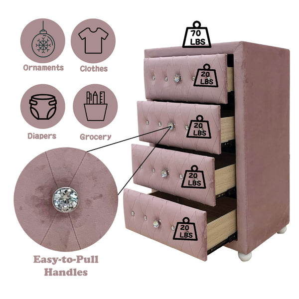 Chloe Pink Fabric Full Upholstered Kids Chest Pink dresser with weight labels and icons indicating its capacity for various items.
