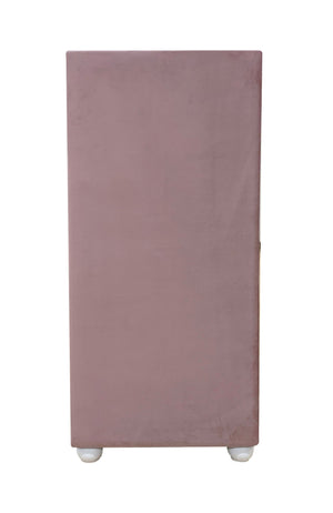 Chloe Pink Fabric Full Upholstered Kids Chest A tall, rectangular dusty rose upholstered chair or stool with small white feet, shown from the back against a plain white background.