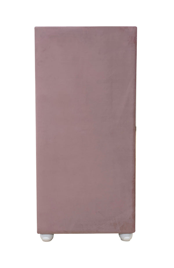 Chloe Pink Fabric Full Upholstered Kids Chest A tall, rectangular dusty rose upholstered chair or stool with small white feet, shown from the back against a plain white background.
