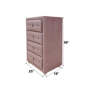 Chloe Pink Fabric Full Upholstered Kids Chest Pink velvet dresser with dimensions on a white background