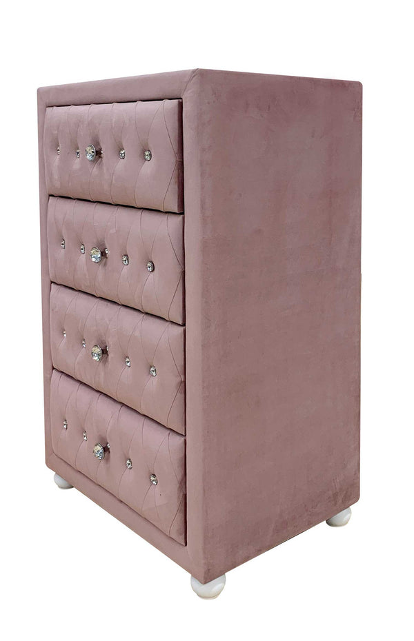Chloe Pink Fabric Full Upholstered Kids Chest Pink tufted dresser with crystal knobs on a white background