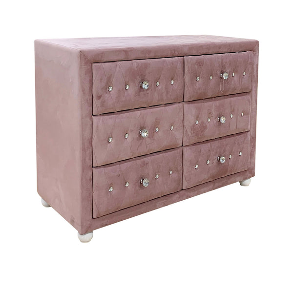 Chloe Pink Fabric Full Upholstered Kids Dresser A dusty pink velvet dresser with six drawers, decorated with silver-tone metal studs and crystal-like knobs, shown on a plain white background.