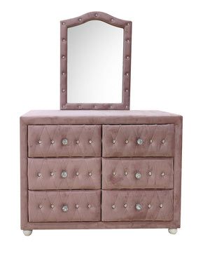 Chloe Pink Fabric Full Upholstered Kids Dresser A dusty pink velvet dresser with six drawers, each adorned with crystal-like knobs, and a matching arched mirror with nailhead trim, shown on a white background.