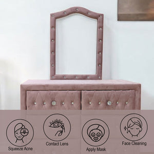 Pink vanity with mirror and drawers on a white background