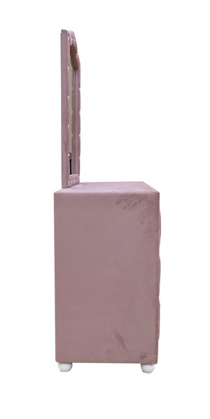 A dusty pink upholstered vanity stool with an attached rectangular mirror, shown from a side profile view against a plain white background.