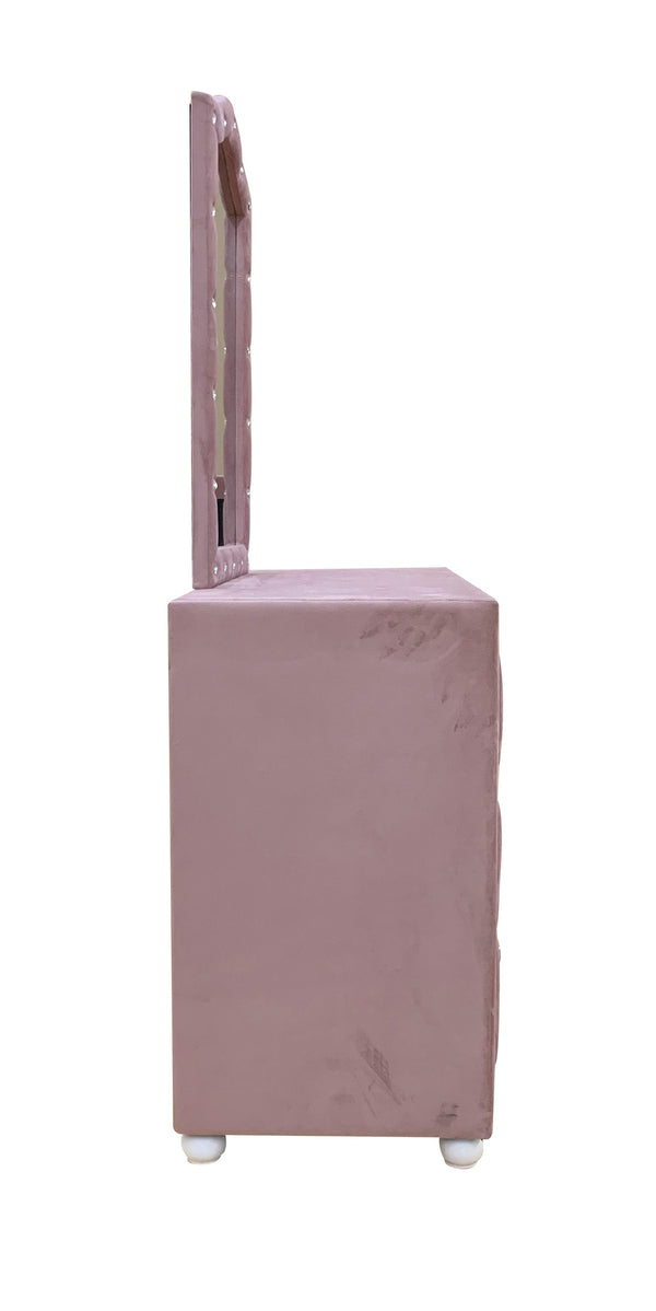 A dusty pink upholstered vanity stool with an attached rectangular mirror, shown from a side profile view against a plain white background.