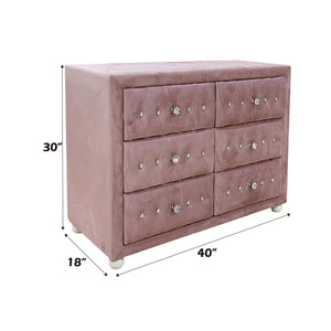 Chloe Pink Fabric Full Upholstered Kids Dresser Pink velvet dresser with crystal knobs and dimensions on a white background
