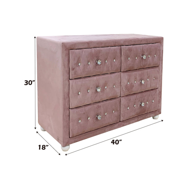 Chloe Pink Fabric Full Upholstered Kids Dresser Pink velvet dresser with crystal knobs and dimensions on a white background