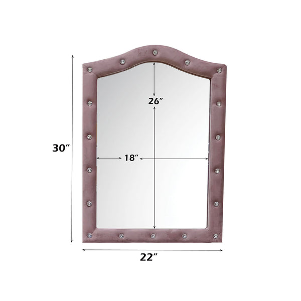 Chloe Pink Fabric Full Upholstered Kids Dresser Mirror Rectangular mirror with dimensions labeled on a white background