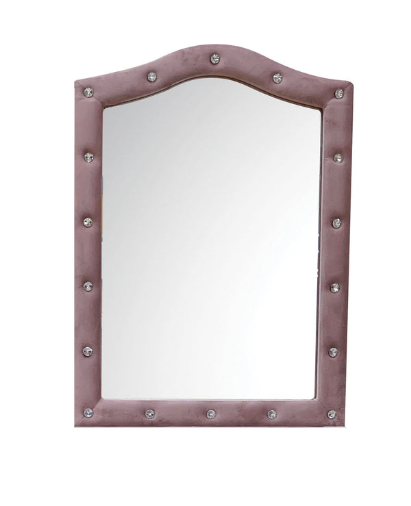 Chloe Pink Fabric Full Upholstered Kids Dresser Mirror Rectangular mirror with a purple leather-like frame on a white background