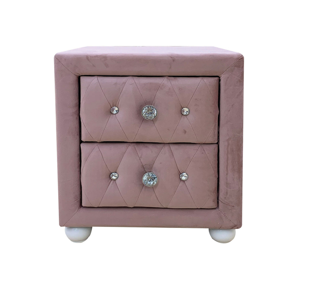 Chloe Pink Fabric Full Upholstered Kids Nightstand A dusty pink velvet two-drawer nightstand with tufted details and crystal-like button accents, shown on a plain white background.