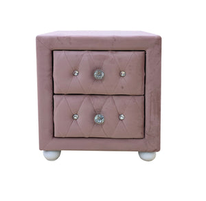 Chloe Pink Fabric Full Upholstered Kids Nightstand Pink nightstand with two drawers and decorative knobs on a white background