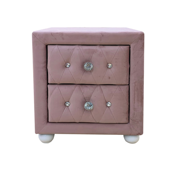 Chloe Pink Fabric Full Upholstered Kids Nightstand Pink nightstand with two drawers and decorative knobs on a white background