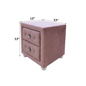 Chloe Pink Fabric Full Upholstered Kids Nightstand Pink tufted nightstand with dimensions on a white background