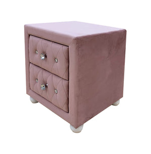 Chloe Pink Fabric Full Upholstered Kids Nightstand A dusty pink velvet two-drawer nightstand with tufted details and crystal-like button accents, shown on a plain white background.