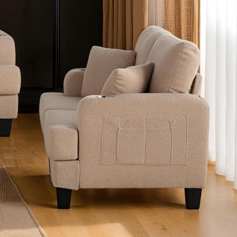 Cidney Contemporary Beige Fabric Loveseat Beige with textured fabric and black legs in a room with curtains and wooden floor.