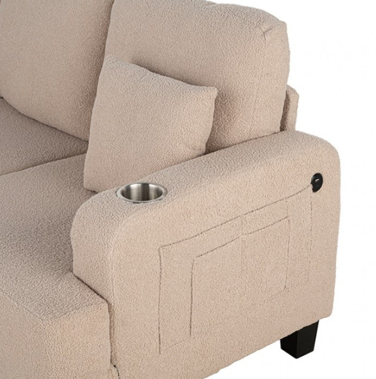 Cidney Contemporary Beige Fabric Sofa Beige sectional sofa with ottoman in a living room setting.