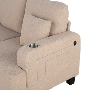 Cidney Contemporary Beige Fabric Sofa Beige sofa with cup holder on a white background