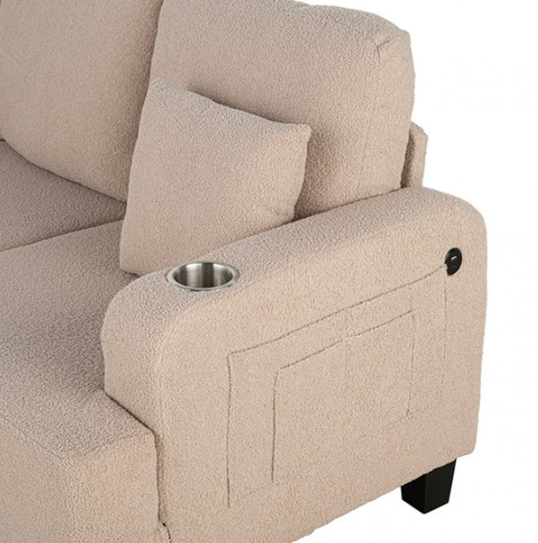 Cidney Contemporary Beige Fabric Sofa Beige sofa with cup holder on a white background