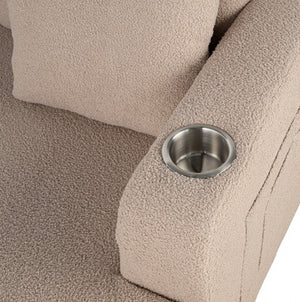 Cidney Contemporary Beige Fabric Sofa Close-up of a beige textured armchair with a metal cup holder.