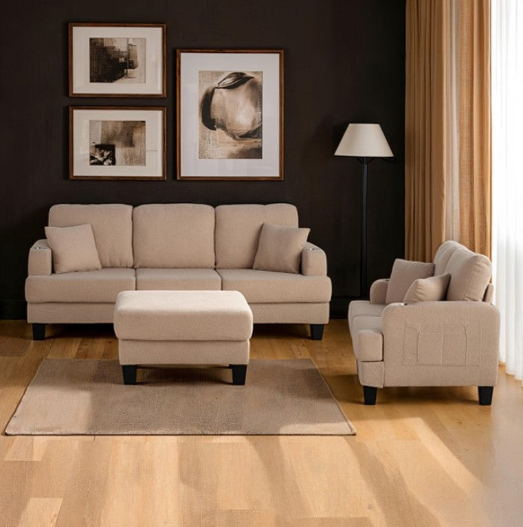 Cidney Contemporary Beige Fabric Loveseat Beige with textured fabric and black legs in a room with curtains and wooden floor.