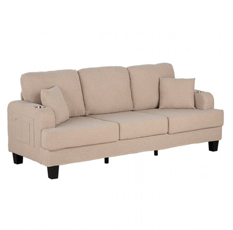 Cidney Contemporary Beige Fabric Sofa Beige sectional sofa with ottoman in a living room setting.