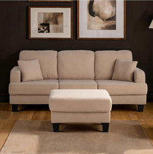 Cidney Contemporary Beige Fabric Sofa Beige sectional sofa with ottoman in a living room setting.