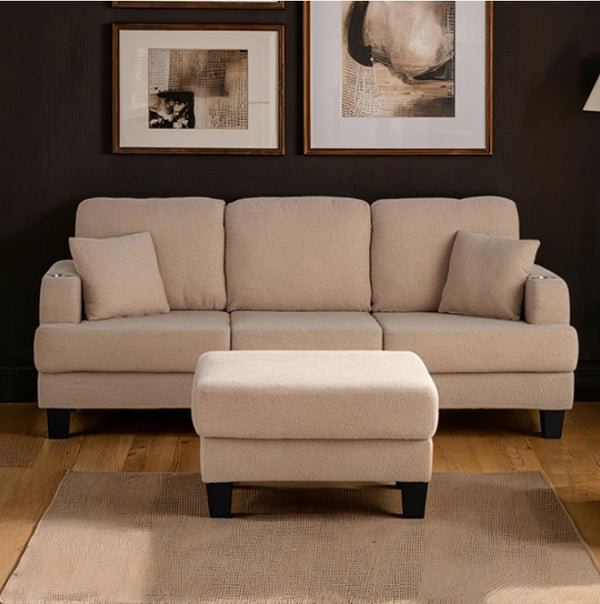 Cidney Contemporary Beige Fabric Sofa Beige sectional sofa with ottoman in a living room setting.