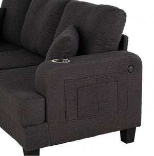 Cidney Contemporary Dark Gray Fabric Sofa Dark gray armchair with cup holder and pocket on a white background