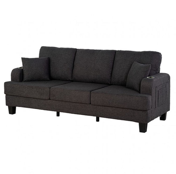 Dark gray sofa with cushions on a white background