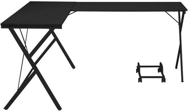 Black L-shaped desk with a smaller table on a white background
