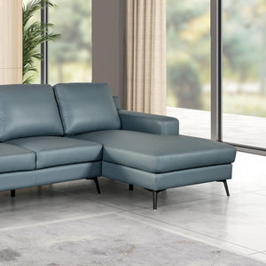 Dante Leather Match Blue Sectional Sofa Blue leather sectional sofa in a modern living room with large windows.