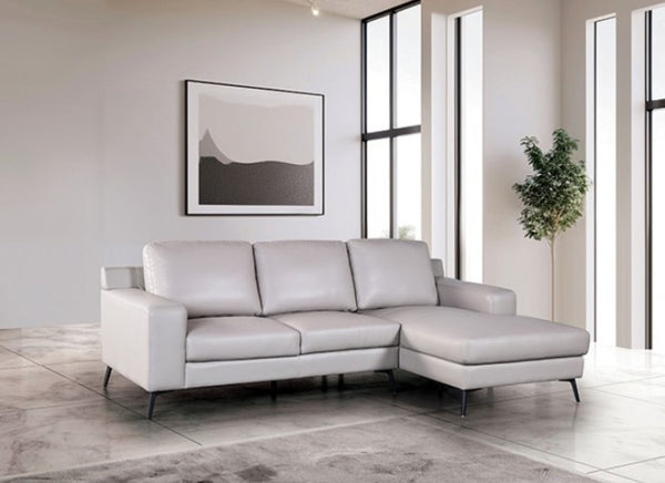 Dante Leather Match Light Gray Sectional Sofa Gray sectional sofa in a modern living room with large windows and minimal decor.