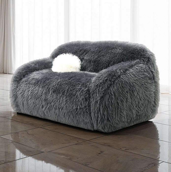 Dareen Contemporary Gray Faux Fur Loveseat with Ball Pillows