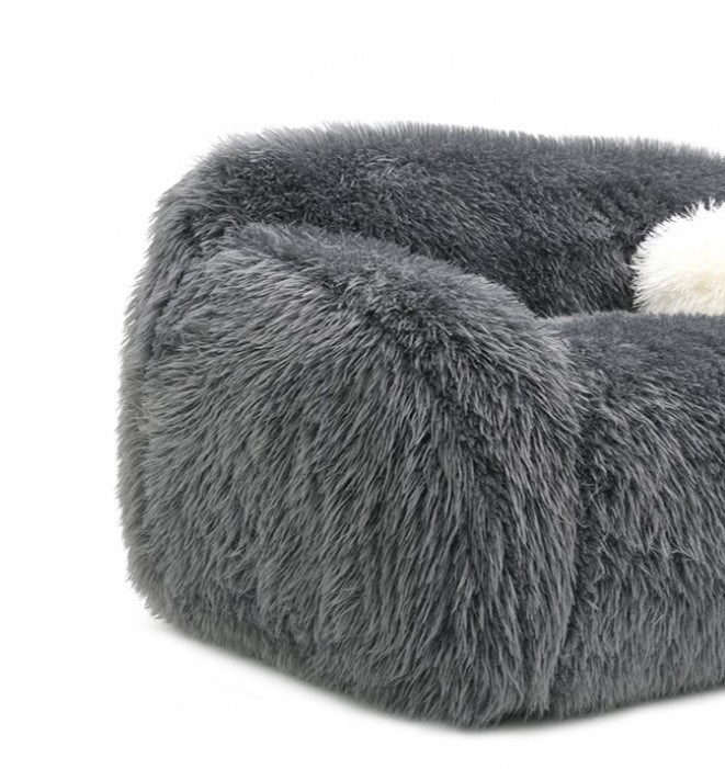 Dareen Contemporary Gray Faux Fur Sofa with Ball Pillows