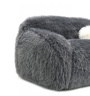 Dareen Contemporary Gray Faux Fur Sofa with Ball Pillows Gray fluffy pet bed on a white background