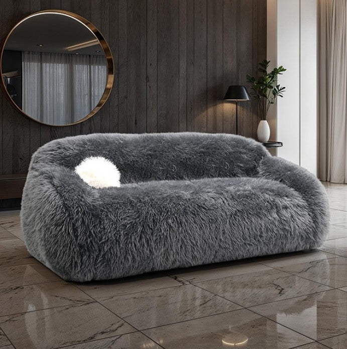 Dareen Contemporary Gray Faux Fur Sofa with Ball Pillows